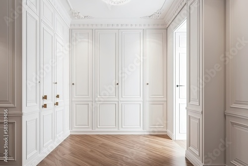 Ajar door on enormous white American classic closet in bright room. Modern apartment decor advertising practical furnishings and huge closet. Generative AI photo