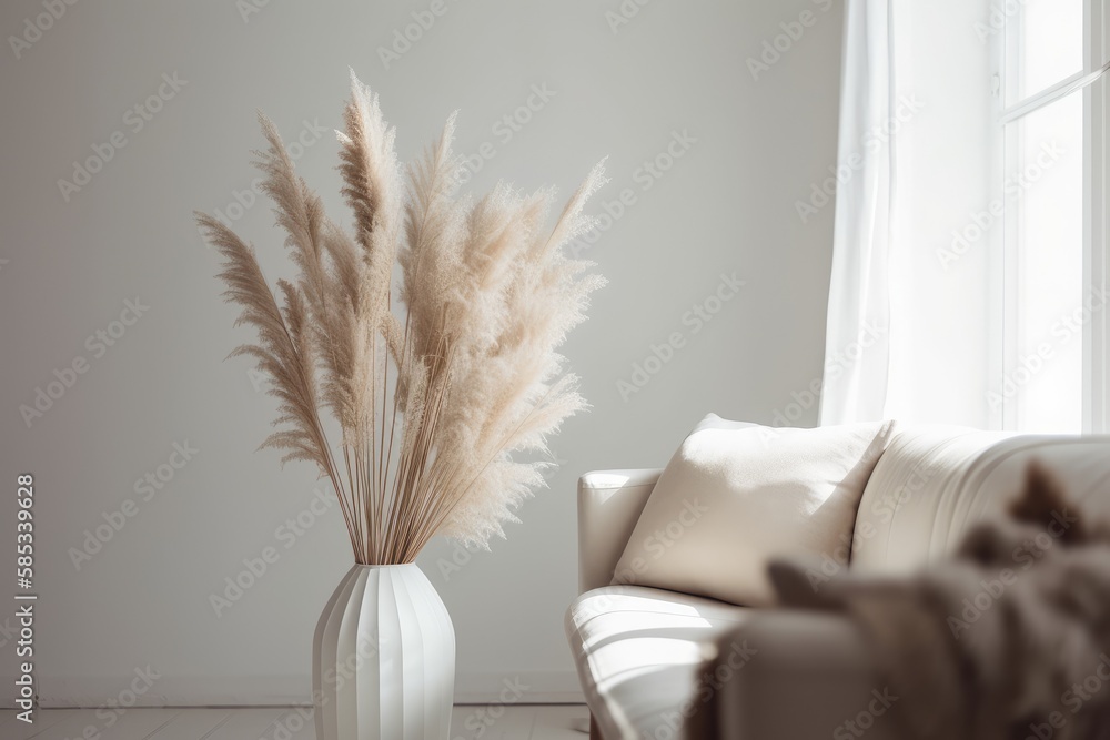Stylish Danish minimalist eco friendly white interior. Pampas grass vase with modern décor. Room. Copy space, monochrome. Generative AI