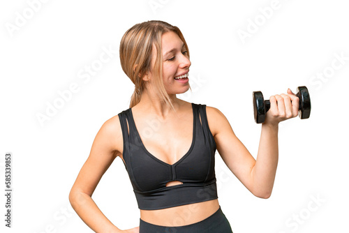Blonde sport woman making weightlifting over isolated chroma key background with happy expression