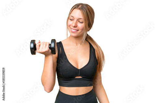 Blonde sport woman making weightlifting over isolated chroma key background with happy expression