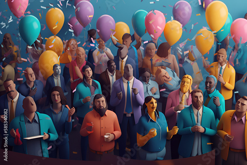 Low Poly Generative AI of Diverse Group Celebrating Milestone. Multicultural Office Celebration. Employees Celebrating Success