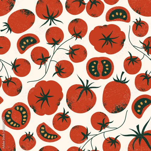Tomato seamless pattern. Whole and half cut tomatoes. Textured retro style. . Vector illustration