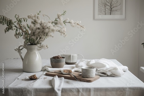 Scandinavian interior design. Coffee and flowers on linen table. White wall. Breakfast, morning. Generative AI