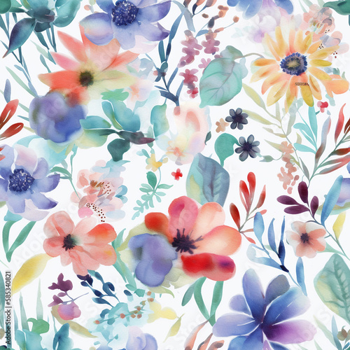 A lovely sameless illustration floral pattern featuring delicate pink, purple, and green flowers arranged in a natural and harmonious way