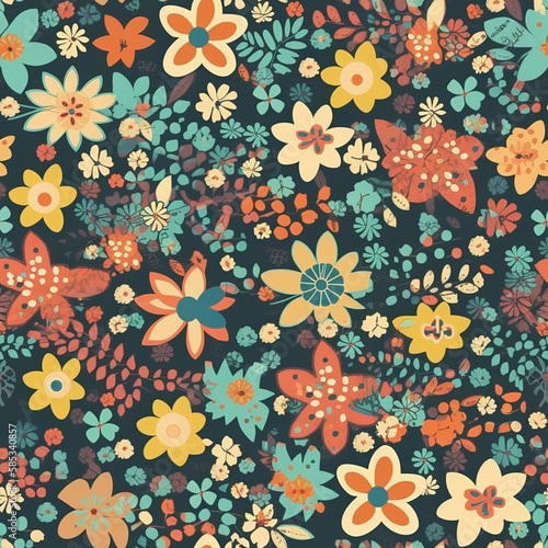 A lovely sameless illustration floral pattern featuring delicate pink, purple, and green flowers arranged in a natural and harmonious way