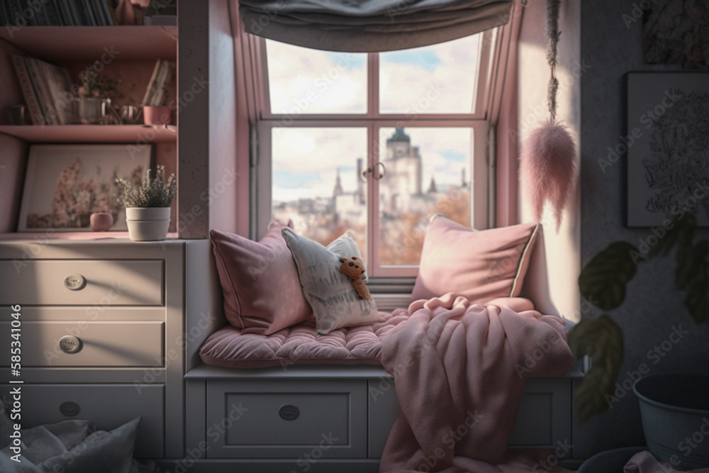 Modern bedroom interior design. Cozy Built-in near the window with pillows. Super photo realistic background. Generative ai illustration Modern bedroom interior design. Cozy Built-in near the window with pillows. Super photo realistic background. Generative ai illustration