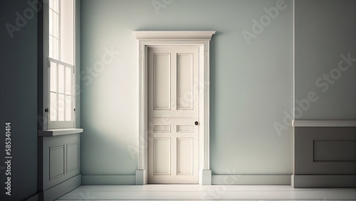 A white door by the window in the hallway  photorealistic illustration  Generative AI