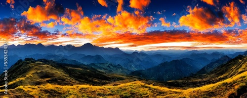 Sunset panorama in mountains national park. Forest mountains at dawn. Early morning mountain landscape. Generative AI