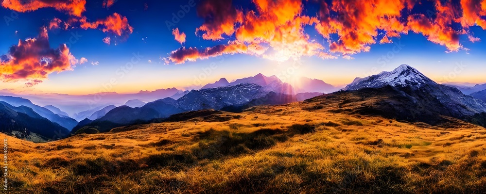 Sunset panorama in mountains national park. Forest mountains at dawn. Early morning mountain landscape. Generative AI
