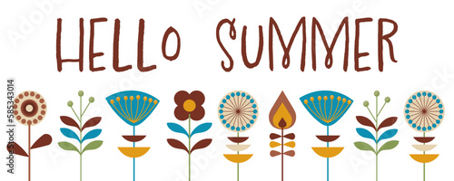 Hello summer - Text in englischer Sprache - Hallo Sommer. Banner für Grüße mit Blumen im Retro-Stil.