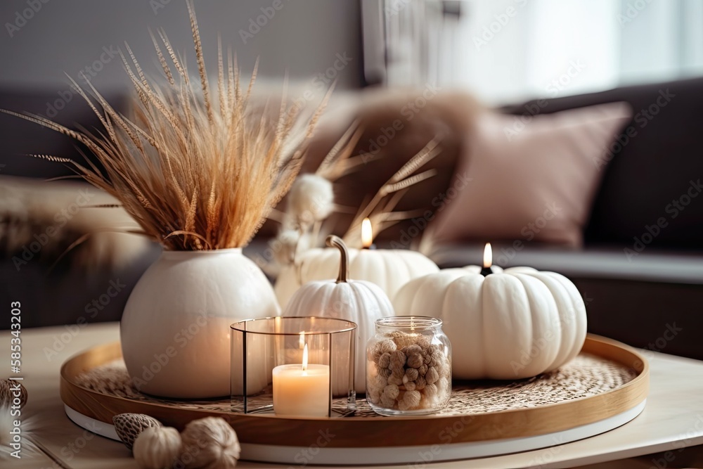 Blurred. White porcelain pumpkins, pampas grass, and pumpkin shaped candles on the living room coffee table. Decor details. Autumn theme. Generative AI