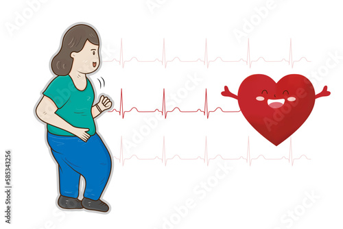 Woman is running with EKG graph and heart isolated on white background, walking excercise, jogging, medical health care, exercise for the heart, vector, illustration.