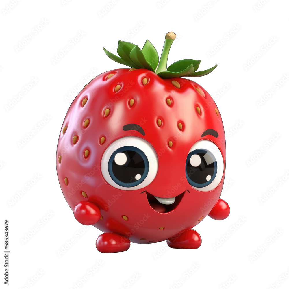 Obraz premium Strawberry, cute 3d cartoon strawberry isolated on transparent background (generative ai)