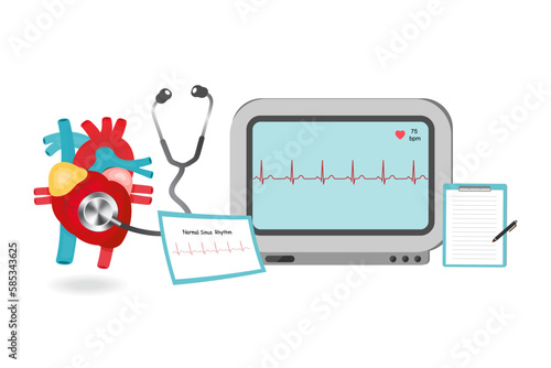 Digital vital sign monitor show electrocardiogram (EKG ,ECG) normal sinus rhythm and heart rate.Medical healthcare.Vector.Illustration.