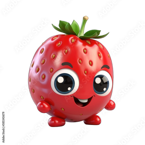 Strawberry, cute 3d cartoon strawberry isolated on transparent background (generative ai)
