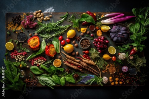 Gourmet Herb and Spice Knolling. Generative AI Illustration of Food Cuisine