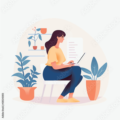 Vector Flat Art of a Woman Working from Home Office on Laptop - White Background