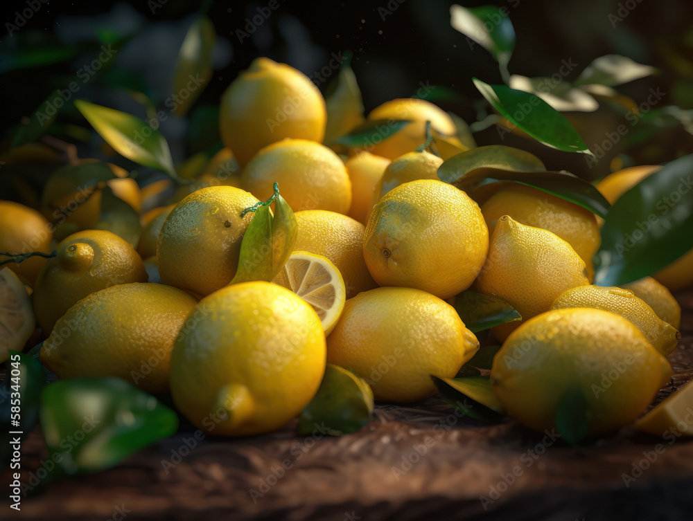 Beautiful organic background of freshly picked lemons created with Generative AI technology