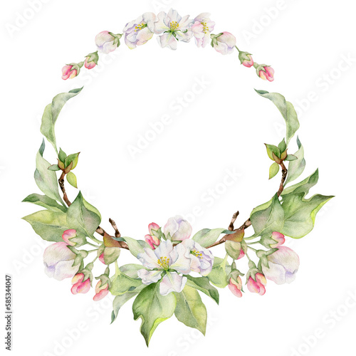 Hand drawn watercolor apple flowers, branches and leaves, white, pink and green blossom. Circle round wreath. Isolated on white background. Design for wall art, wedding, print, fabric, cover, card.