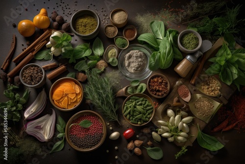Gourmet Herb and Spice Knolling. Generative AI Illustration of Food Cuisine