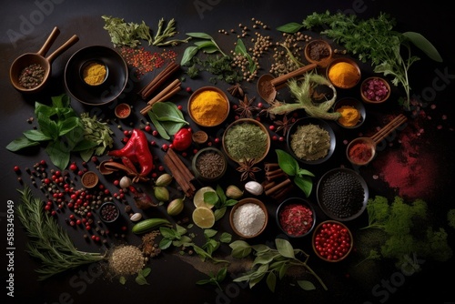 Gourmet  Herb and Spice Knolling. Generative AI Illustration of Food Cuisine
