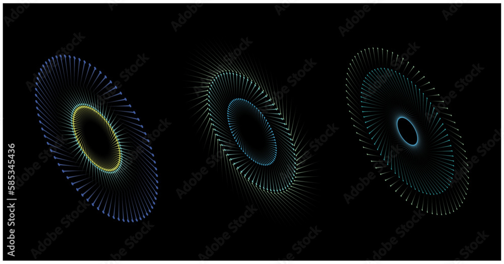 Set of three colorful elliptical discs with sharp vector lining design. concentric circle. spiral, swirl, twirl element. Circular and radial lines helix Set of three colorful elliptical discs with sharp vector lining design. concentric circle. spiral, swirl, twirl element. Circular and radial lines helix