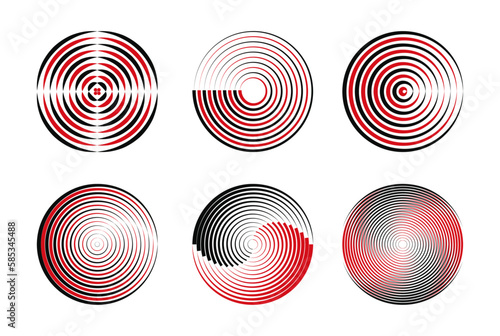 A set of red and black lines in a circular, spiral shape vector illustration for graphic designing of a round logo, design, or emblem with a technological theme.