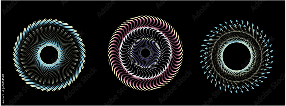 The vector illustration depicts a spiral shape made up of colorful lines, suitable for creating a logo, design or emblem with a technological theme in graphic designing. The vector illustration depicts a spiral shape made up of colorful lines, suitable for creating a logo, design or emblem with a technological theme in graphic designing.