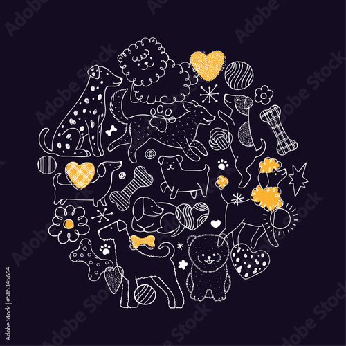 Cute dogs and elements on the dark background. Linear graphic. Animal background. Scandinavian style.