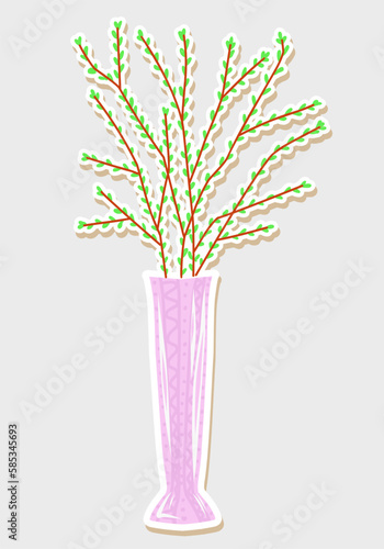 Willow branches in a vase. Easter composition. Tall vase with willow seals.