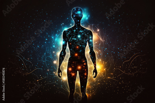 Сyber space concept of glowing astral body silhouette neural network AI generated art © Oleksandr