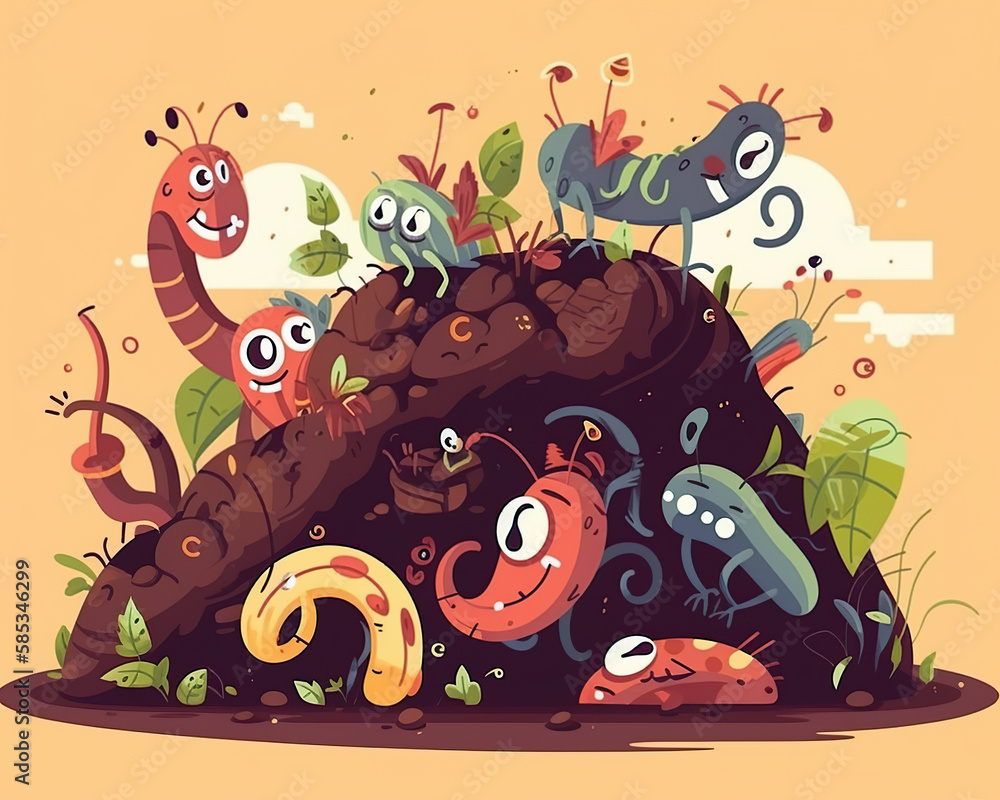 Organic kitchen waste and food recycling concept. Cartoon compost worms. Earthworms with organic