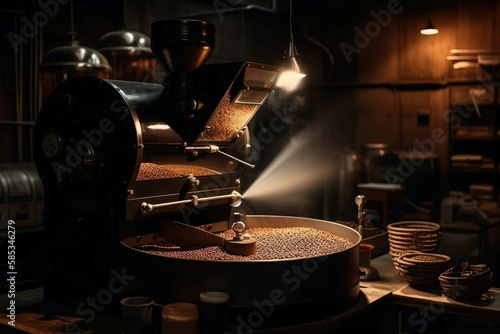 Käffeerösterei mit frischem Kaffee und spannende Beleuchtung, Generate Ai