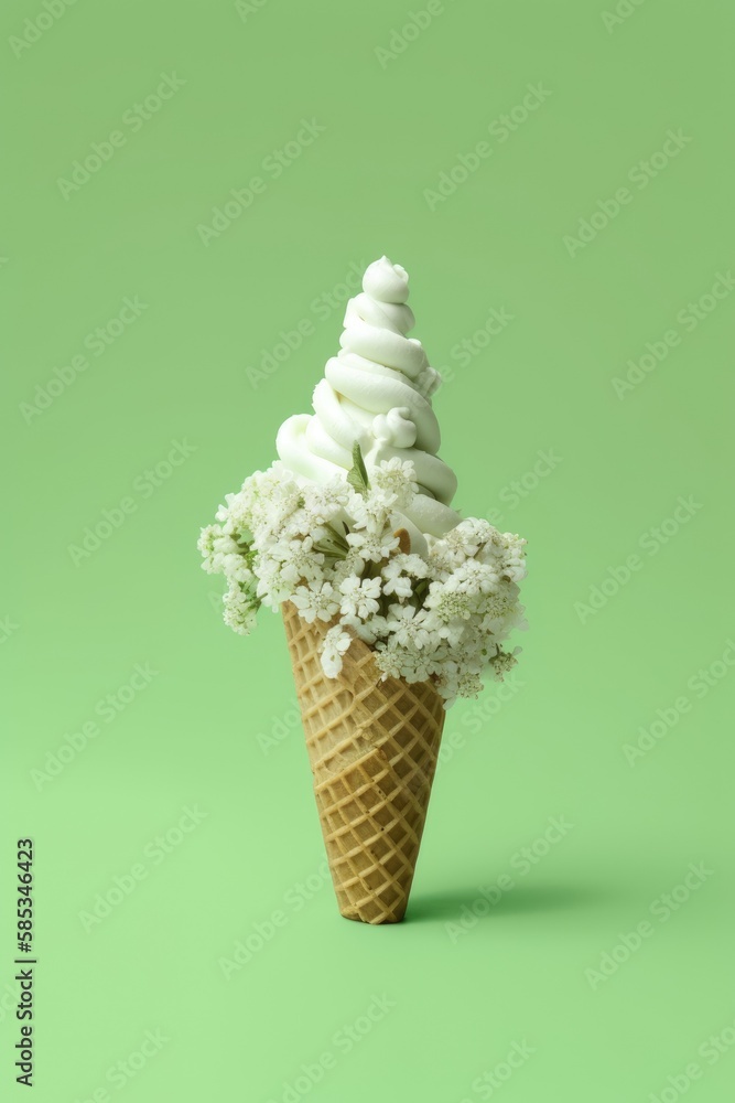 White vanilla ice cream in waffle cone decorated with flowers on solid green background. Spring inspiration. AI generative. 