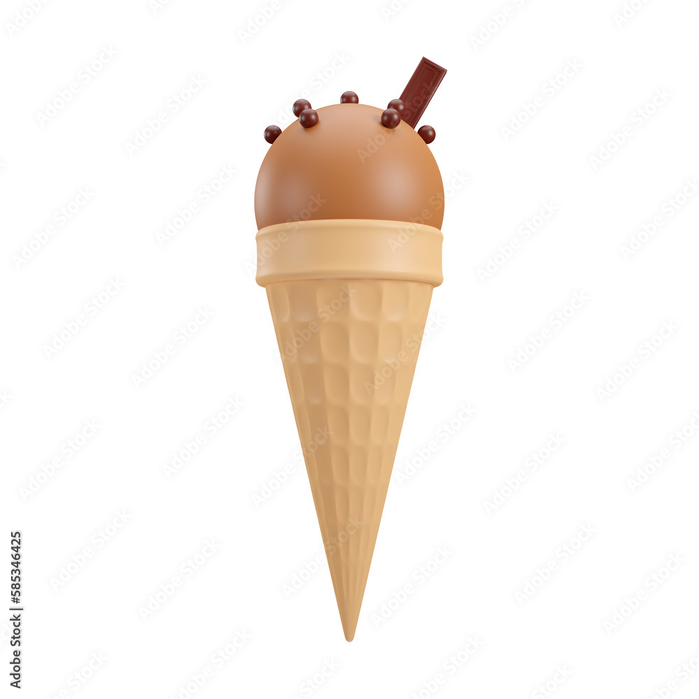Chocolate ice cream dessert with choco ball, choco bar, and waffle cone in Beach Concept Summer Theme, PNG transparent background, 3D element, 3D illustration