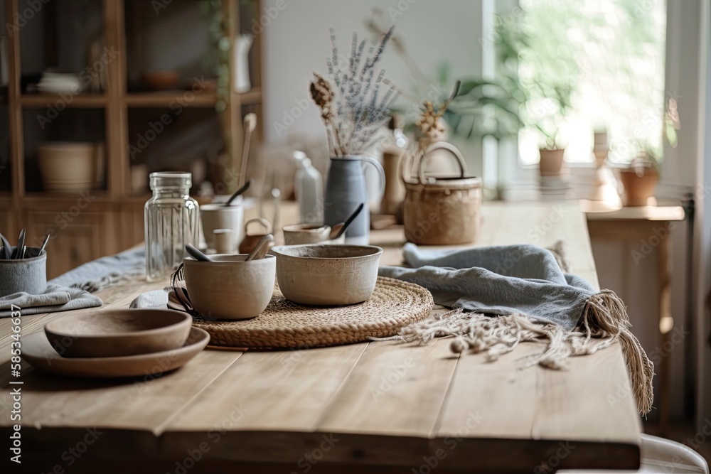 Blurred backdrop, wooden rural dinner table with setup. Potted plants, jute carpet. Scandinavian bohemian decor. Plan, top,. Generative AI Blurred backdrop, wooden rural dinner table with setup. Potted plants, jute carpet. Scandinavian bohemian decor. Plan, top,. Generative AI