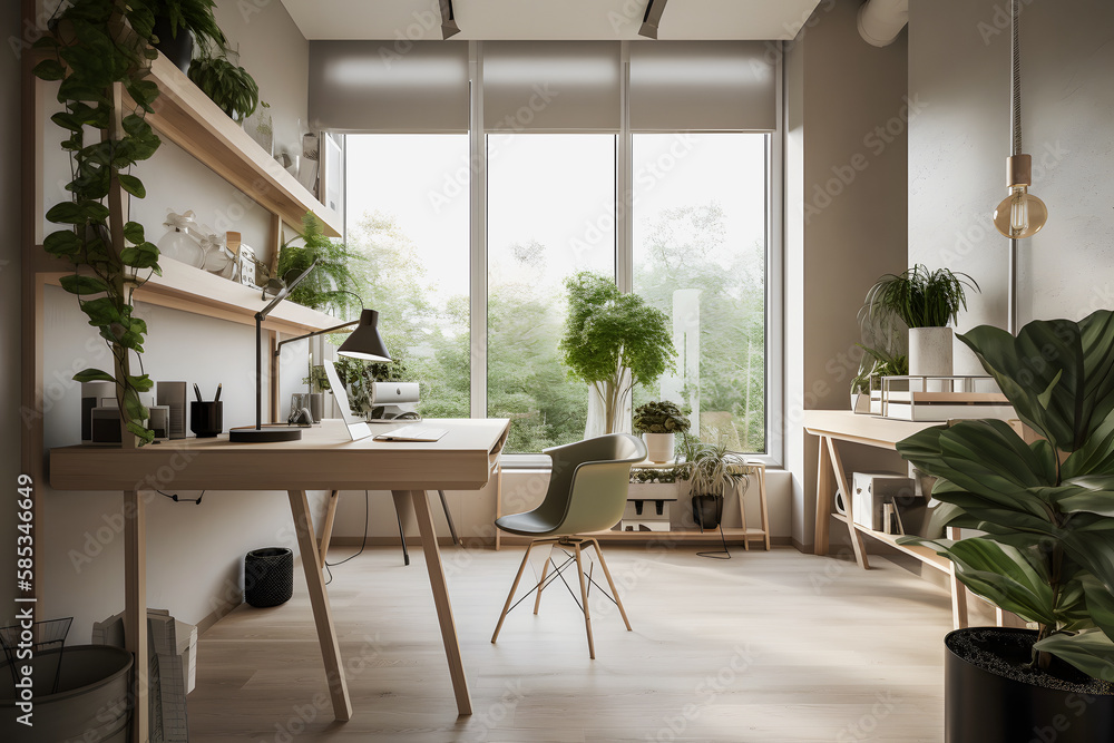 Modernist Home Office Interior Design with Natural Light, Plants, and Modern Furniture for a Productive Work Environment Modernist Home Office Interior Design with Natural Light, Plants, and Modern Furniture for a Productive Work Environment