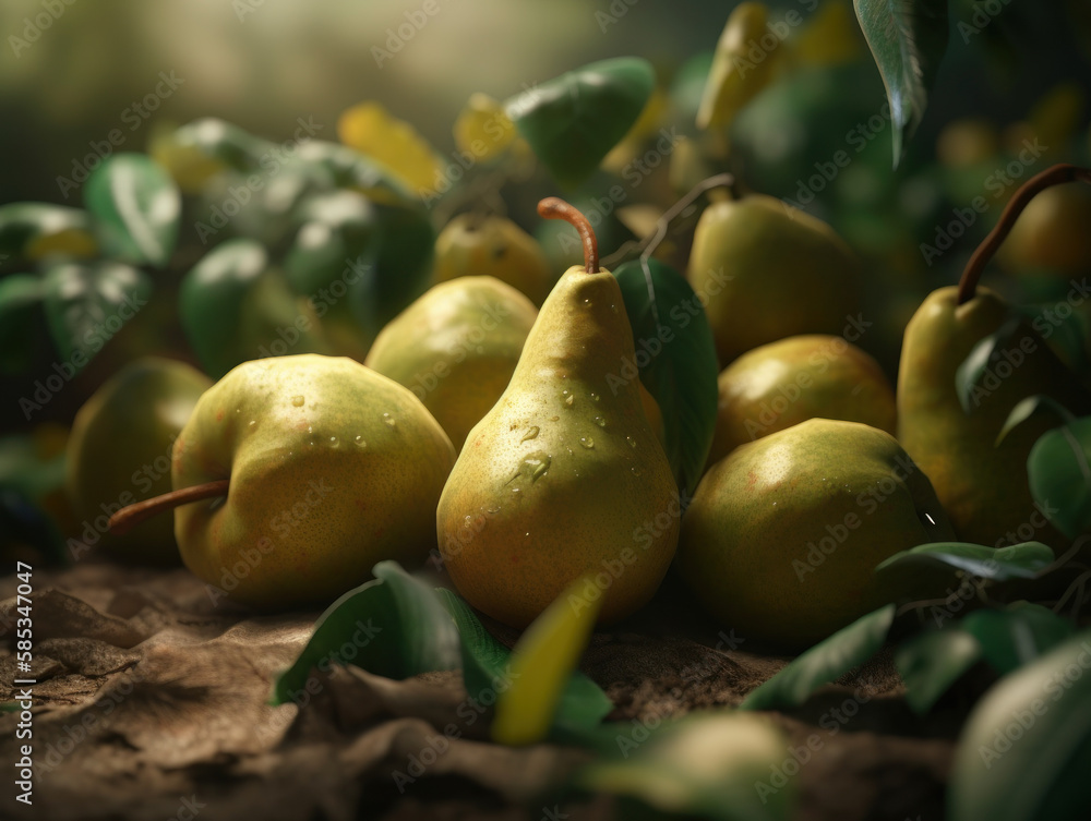 Beautiful organic background of freshly picked pears created with Generative AI technology Beautiful organic background of freshly picked pears created with Generative AI technology