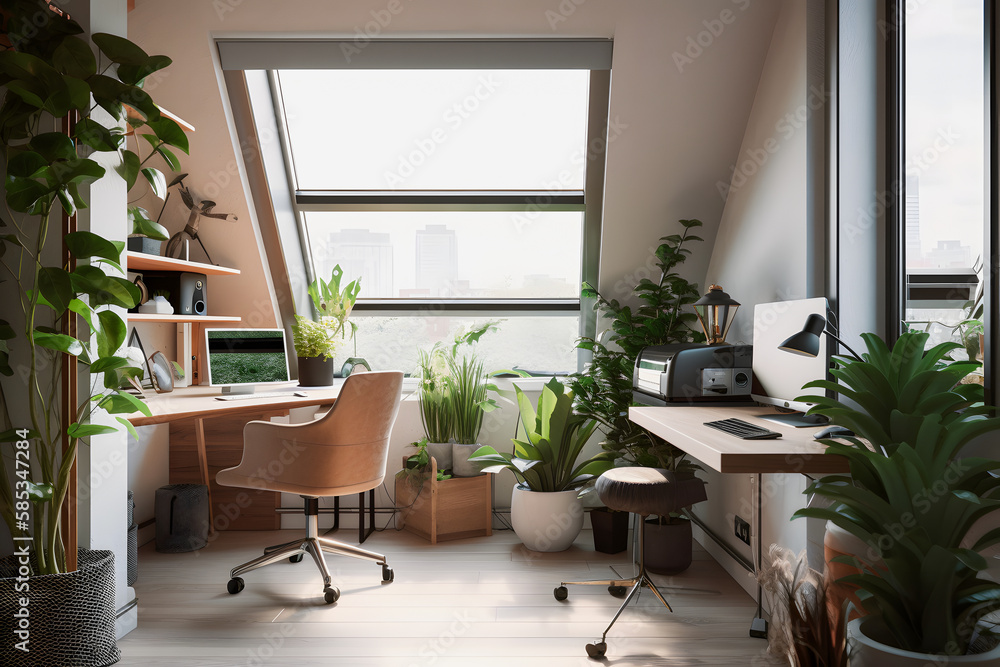 Modernist Home Office Interior Design with Natural Light, Plants, and Modern Furniture for a Productive Work Environment Modernist Home Office Interior Design with Natural Light, Plants, and Modern Furniture for a Productive Work Environment