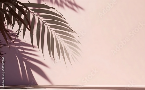 Blurred shadow from palm leaves on the pink wall. Minimal abstract background for product presentation. Spring and summer. AI Generative