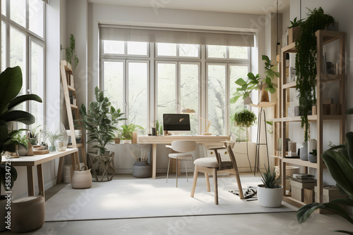 Modernist Home Office Interior Design with Natural Light  Plants  and Modern Furniture for a Productive Work Environment