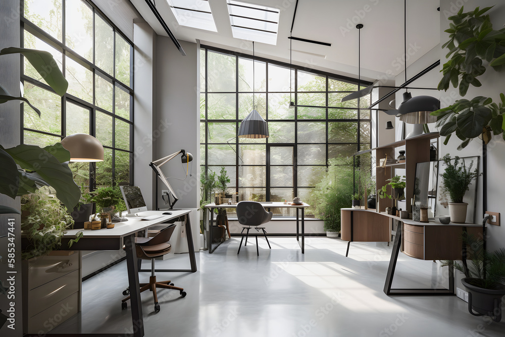 Modernist Home Office Interior Design with Natural Light, Plants, and Modern Furniture for a Productive Work Environment Modernist Home Office Interior Design with Natural Light, Plants, and Modern Furniture for a Productive Work Environment