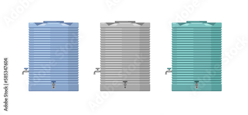 Tanks for rain water storage in garden. Big metal reservoirs, containers with taps for pipes and hoses, rainwater harvesting system. Vector flat cartoon set isolated on white background