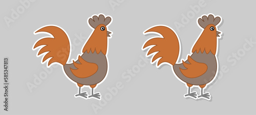 Stickers of a cute brown hen in profile on a gray background