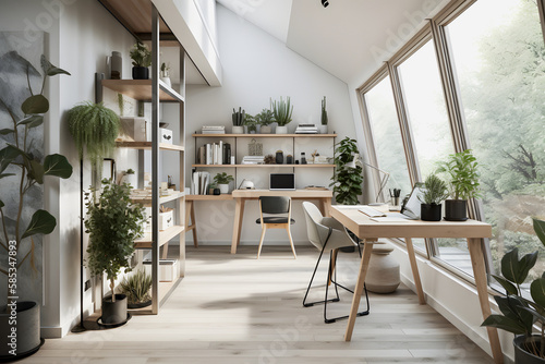 Modernist Home Office Interior Design with Natural Light  Plants  and Modern Furniture for a Productive Work Environment