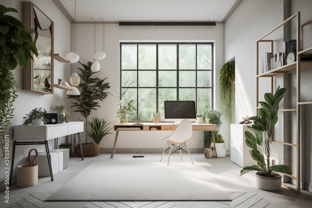 Modernist Home Office Interior Design with Natural Light, Plants, and Modern Furniture for a Productive Work Environment Modernist Home Office Interior Design with Natural Light, Plants, and Modern Furniture for a Productive Work Environment
