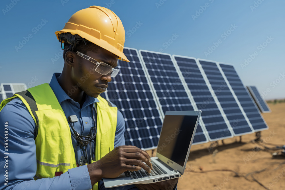 AI generated engineer man working with solar panels wind power turbines against blue sky background AI generated engineer man working with solar panels wind power turbines against blue sky background