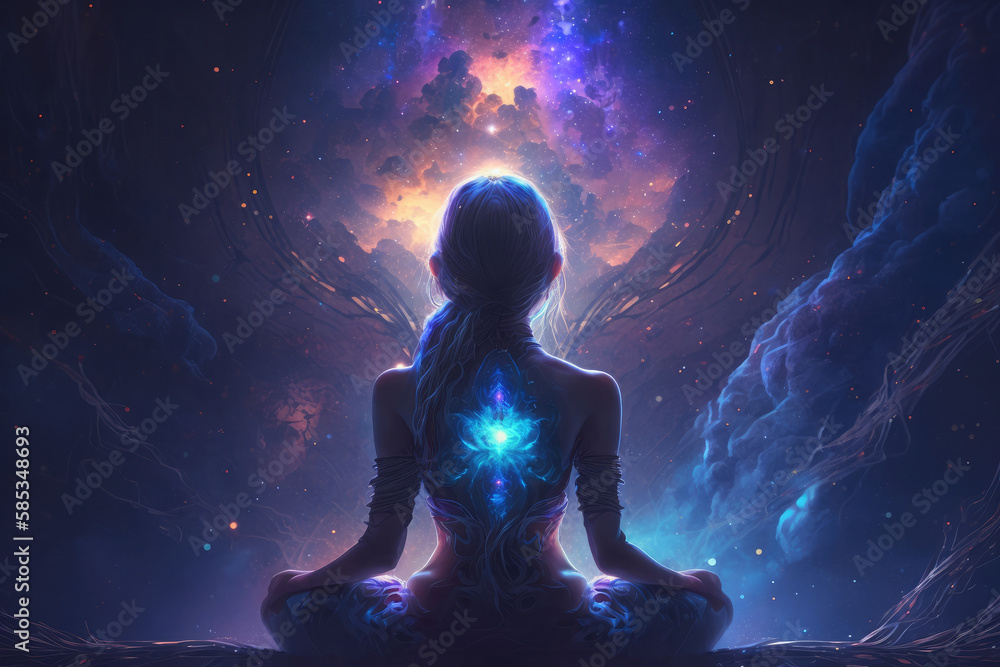 Yoga concept with back view woman sitting in lotus pose against starry sky background AI generated Yoga concept with back view woman sitting in lotus pose against starry sky background AI generated