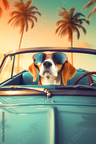 cool Beagle with sunglasses  on holiday in florida in vintage, retro car  , ai generative © ZoomTeam