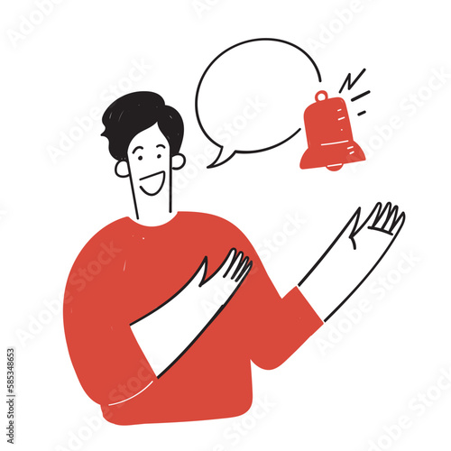 hand drawn doodle person with talking bubble and ringing bell notification